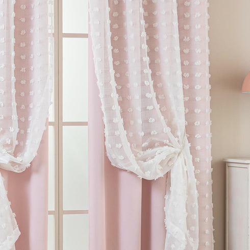 2 Lino Rosa Pink Blackout Curtains for Bedroom Nursery Panels,Sheer White Overlay Pom Pom Floral Ruffle Cute Coquette