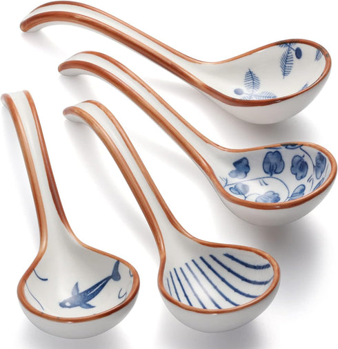 4pcs Asian Ceramic Soup Spoon Set, Korean Ramen Spoons, Japanese Porcelain Soup Spoon for Noodles, Pho, Dumplings