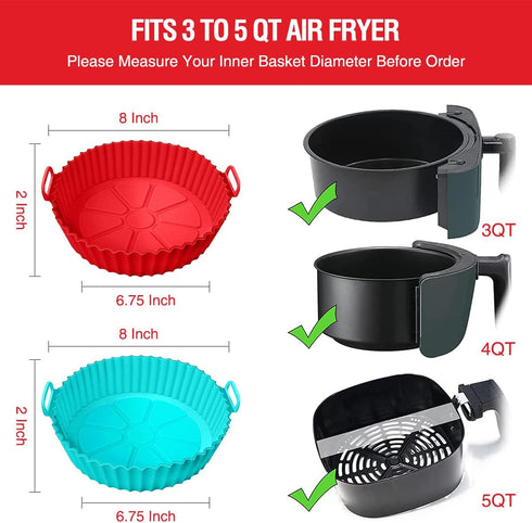 2 Pack Air Fryer Silicone Liners Pot for 3 to 5 QT, Basket Bowl, Replacement of Flammable Parchment Paper, Reusable Baking Tray Oven Accessories, Red+Blue, (Top 8in, Bottom 6.75in) by AKSDTH