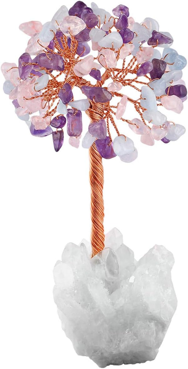 mookaitedecor Amethyst & Rose Quartz & Aquamarine Crystal Tree on Rock Crystal Cluster, Money Tree of Life Decoration