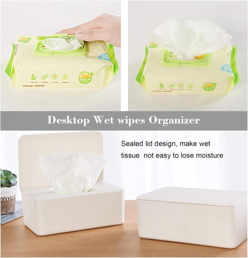Cuayaes White Tissue Box Cover, Refillable Baby Wipes Dispenser with Sealed Lid, Modern Desktop Tissue Box Holder