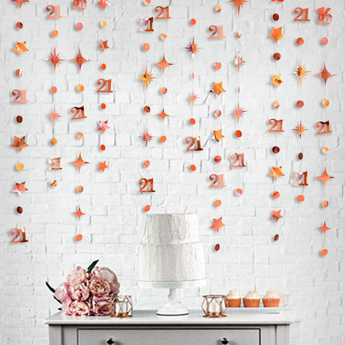 Rose Gold Number 21 Circle Dot Twinkle Star Garland Kit for Girls 21st Birthday Decoration, Metallic Hanging Streamer