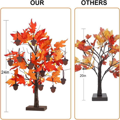 YEAHOME 24” Lighted Fall Maple Leaves Tree, 2FT Autumn Decor with 24LT Warm White LEDs, 12 Wood Acorns Ornaments,