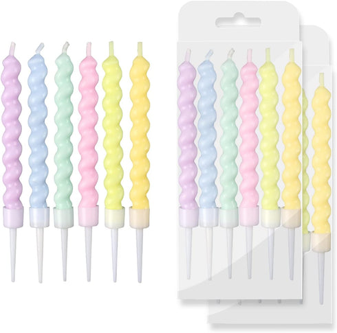 BEAN LIEVE 12-Count Rainbow Birthday Candles with Holders, Colorful Spiral Long Cake Candles for Birthday Wedding Party