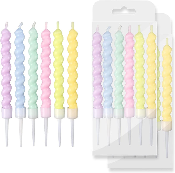 BEAN LIEVE 12-Count Rainbow Birthday Candles with Holders, Colorful Spiral Long Cake Candles for Birthday Wedding Party