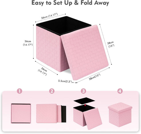 15"x15"x15" B FSOBEIIALEO Storage Ottoman, Faux Leather Footrest Seat, Ottoman with Storage Cube, Storage Box (Pink
