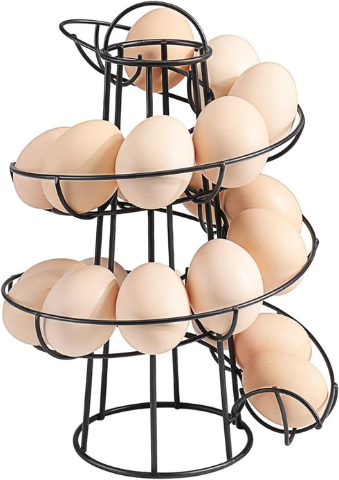 Flexzion Modern Spiral Egg Skelter - Medium Egg Holder Countertop, Freestanding Wired Dispenser for Fresh Eggs, Black