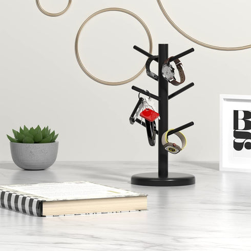 Dorhors Black Coffee Mug Holder Tree, Coffee Bar Organizer with 6 Hooks, Wood Coffee Mug Rack for Counter