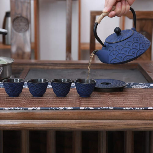 Set 4 Japanese Style Cast Iron Teapot with Tea Cups Iron Tea Kettle with Infuser Hemp Rope Trivet Asian Gift for Adults