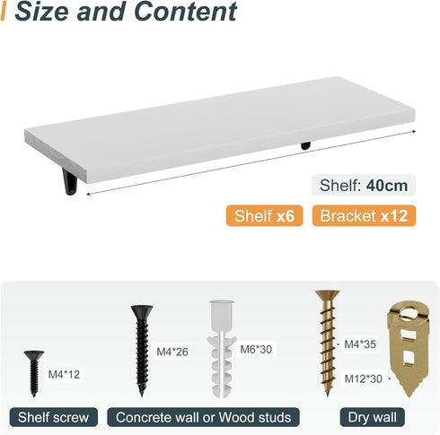 Set 6, 15.7in White(fs-40-w) SKYSEN Floating Shelves for Wall of Wood Wall Shelf for Decor, Bathroom, Bedroom, Storage