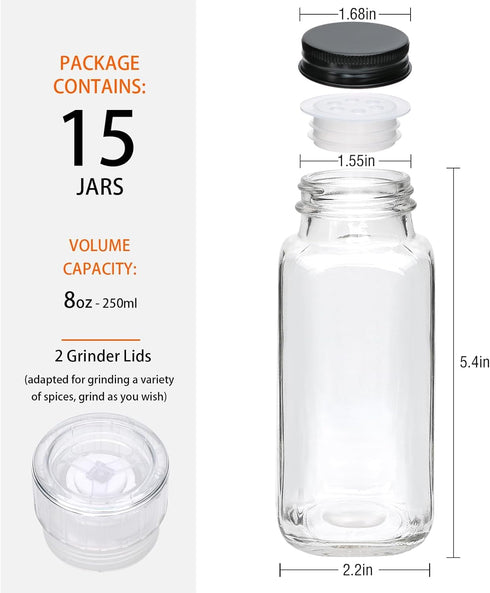 Gakshzbds 15 Pack 8oz Glass Spice Jars with Grinders, Square Spice Bottles with Deeper Shaker Lids & Airtight Metal