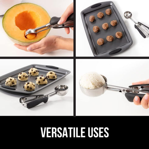 GORILLA GRIP Stainless Steel Cookie Scoop, 2 TBSP, Multipurpose Melon Baller and Meatball Spring Scoops, Black