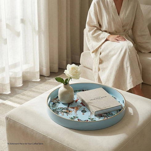 13" Zosenley Round Decorative Tray, Marbling Plastic with Handles, Modern Vanity and Serving for Ottoman, Coffee Table