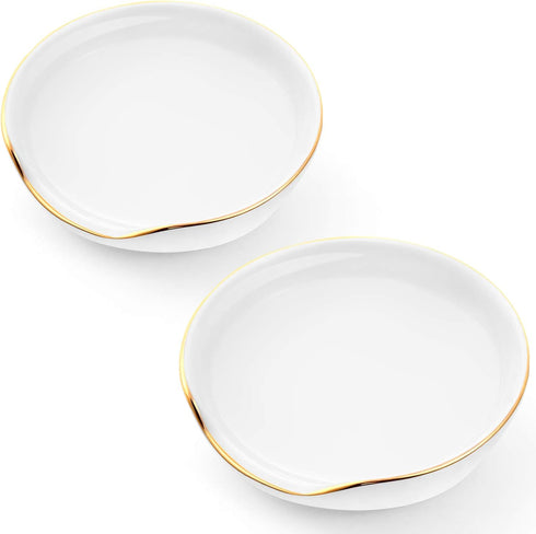 2 Pieces Gold Trim Ceramic Spoon Rest, 4 Inches Spoon Holder for Kitchen Utensils, White