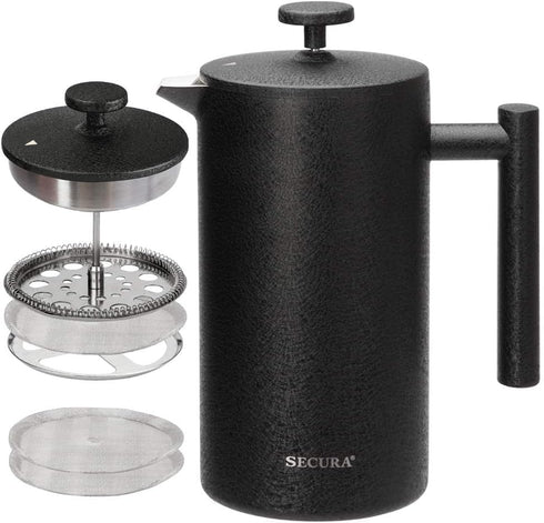 Secura French Press Coffee Maker, 34oz Insulated Coffee Press with 2 Extra Screens, 304 Grade Stainless Steel, Black