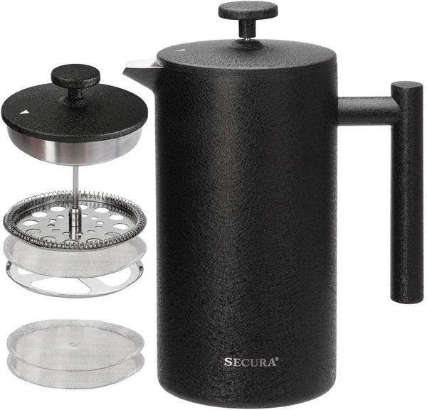 Secura French Press Coffee Maker, 34oz Insulated Coffee Press with 2 Extra Screens, 304 Grade Stainless Steel, Black