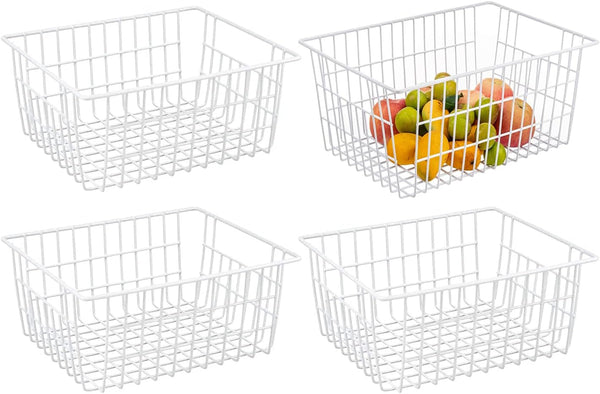 Set of 4 Redrubbit Wire Storage Baskets, Large Farmhouse Metal Freezer Organizer Bins with Handles for Kitchen