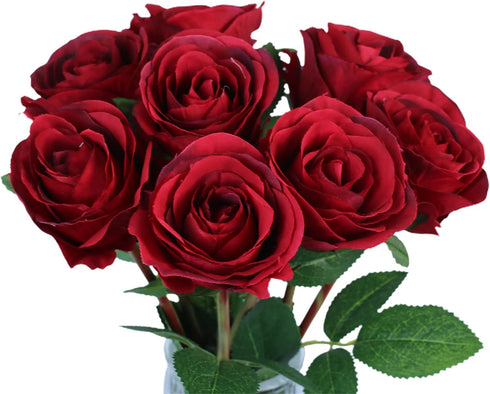 Tinsow 8 Heads Artificial Roses Flowers - Silk Latex Rose Bouquet for Home Decoration (Red)