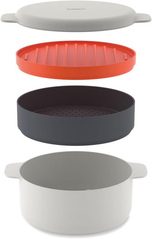 Joseph Joseph M-Cuisine 4-Piece Stackable Cooking Set, 2 Liter Cooking Pot, Steamer, Griddle, and Lid in Orange/Beige