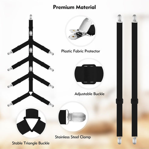 Bed Sheet Holder Straps, 4+2 Pcs Adjustable Mattress Sheet Clips, Elastic Fasteners to Keep Bed Sheet in Place