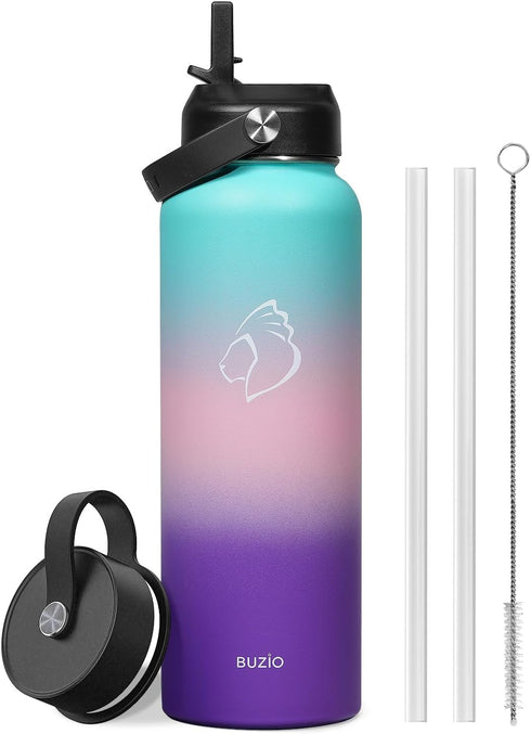 BUZIO 40oz Insulated Water Bottle, Stainless Steel Double Wall Flask, Leak Proof Sports Jug with Straw Lid