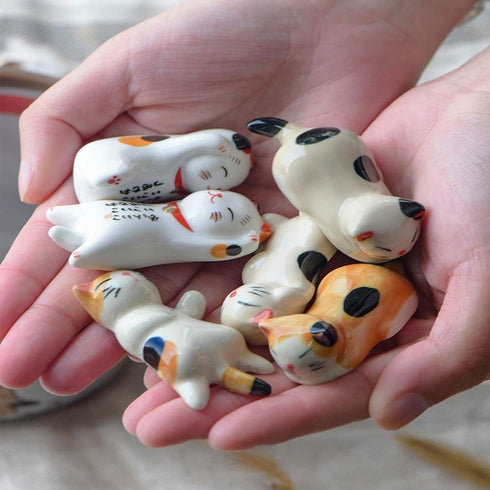 Pack of 6 Lovely Lucky Cat Porcelain Knife Rests, Ceramic Tableware Rest Set