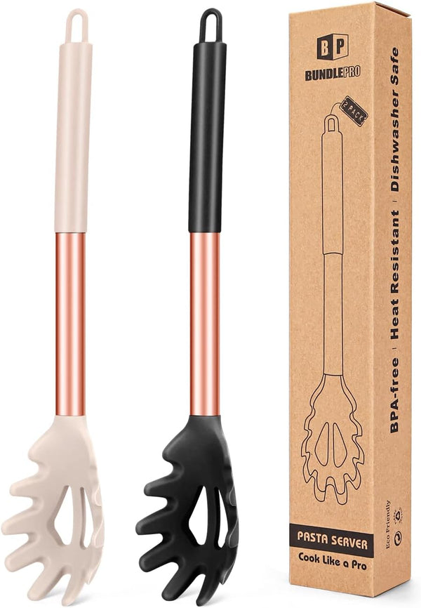 Pack of 2 Silicone Pasta Forks - Heat Resistant Noodle Spoon Server, BPA Free Spaghetti Strainer, Cooking Tools (ROSE