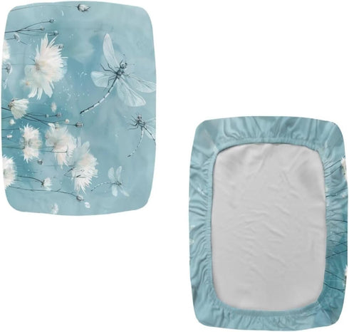 Set 2 Dragonfly Flower Bar Stool Covers of Bench Covers Slipcover Rectangle Light Blue Stretch Vanity Cover Bar Stools