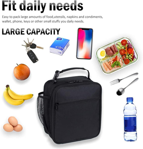 Black Lunch Box for Teens Boys Kids Men - Insulated Thermal Tote Cooler Bag for Girls Women, Portable and Reusable