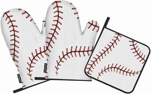 Baseball Stitches Oven Mitts and Pot Holders Set, Softball Laces Design Heat Resistant 3pcs for Baking
