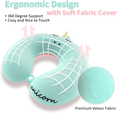 Set urnexttour Neck Travel Pillow for Kids, Unicorn Airplane Memory Foam Pillow with Cute Sleep Mask & Earplugs