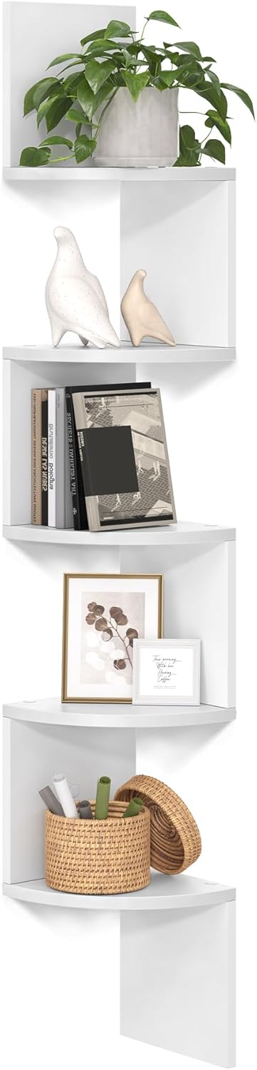 VASAGLE Corner Shelf Wall Mount, 5-Tier Floating Corner Bookshelf, Plant Shelf for