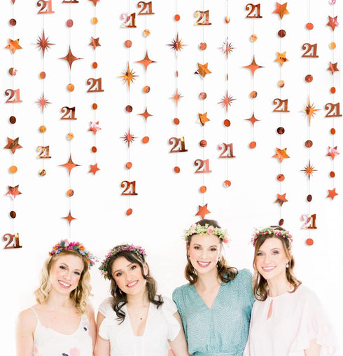 Rose Gold Number 21 Circle Dot Twinkle Star Garland Kit for Girls 21st Birthday Decoration, Metallic Hanging Streamer