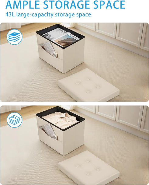 17 Inches Ottoman with Storage Foot Stool, Folding Storage Ottoman, Leather Upholstered Ottomans Foot Rest with Side