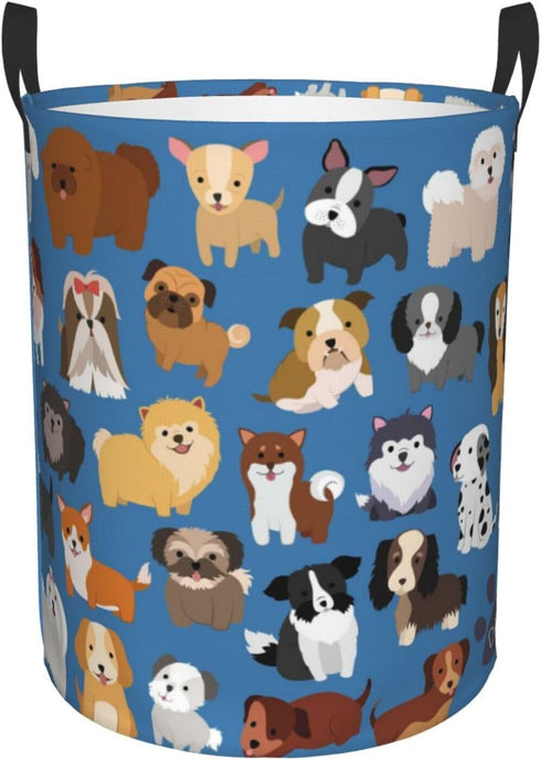 Cute Dogs Blue Round Laundry Hamper, Storage Basket for Toys, Clothes Organizer Bin for Home