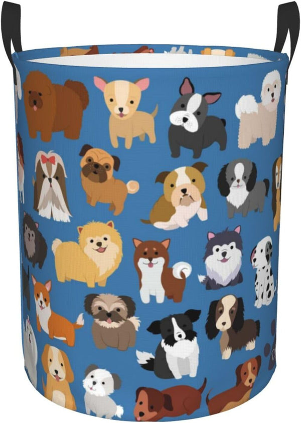 Cute Dogs Blue Round Laundry Hamper, Storage Basket for Toys, Clothes Organizer Bin for Home