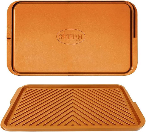 Gotham Steel XL Nonstick 2 in 1 Griddle Pan & Grill Pan, Reversible Copper Griddle for Stovetop & Outdoor Use