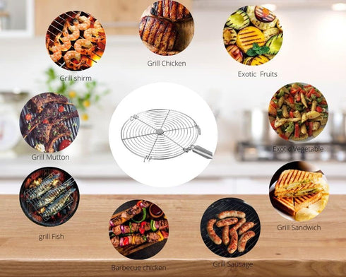 Steel Roasting Roti Jali Set with Wooden Handle, Tong and Pincer, Cooking Rack, Papad Grill, Chapati Grill, Food Tong