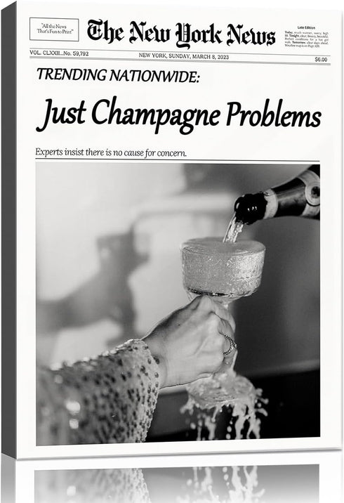 hottaacanvas Champagne Problems Newspaper Framed Wall Art,Trendy Retro Black and White Wall Art