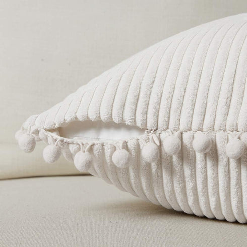 Fancy Homi 2-Pack Pom Pom Throw Pillow Covers, Cream Corduroy, 18x18 Inch