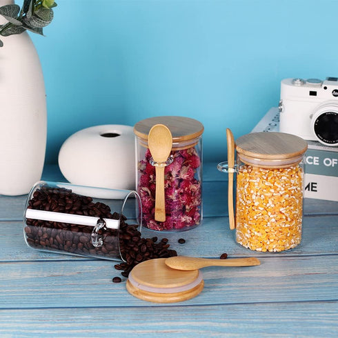 3 Pack 16 OZ Countertop, Glass Jar with Bamboo Lid and Spoon, Tea Containers for Loose Leaf Tea, Salt and Sugar