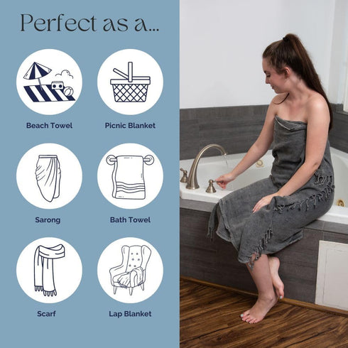 Stonewashed Turkish Bath & Beach Towel, 100% Organic Cotton, Soft, Lightweight, Quick Dry, Black