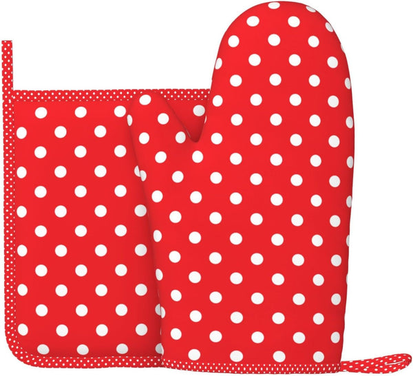 Polka Dot Oven Mitts and Pot Holders Set, Red and White, Heat Resistant Kitchen Gloves