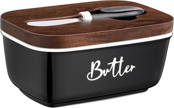 ALELION Black Butter Dish with Lid and Knife, Airtight Ceramic Butter Keeper for Counter or Fridge, Farmhouse Decor