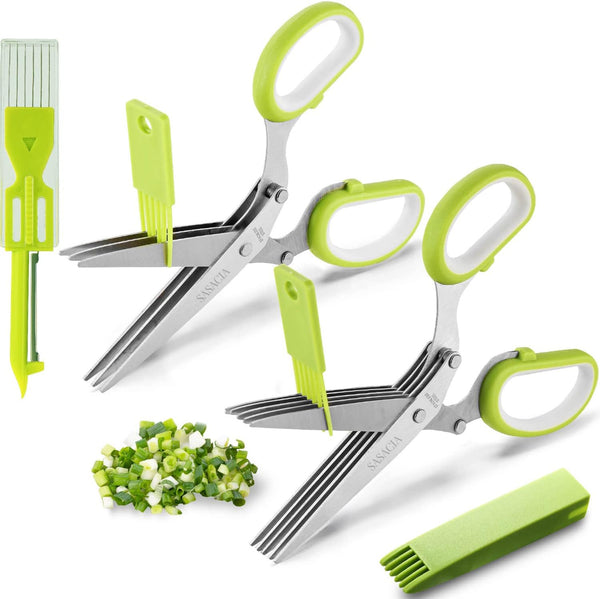 2-Pack Herb Scissors Set with 5 Blades & 3 Blades, Green Stainless Steel Kitchen Shears for Herbs