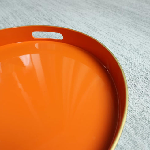 13" Spsyrine Round Orange Decorative Tray, Plastic Serving Table Tray with Handles for Breakfast, Coffee Table
