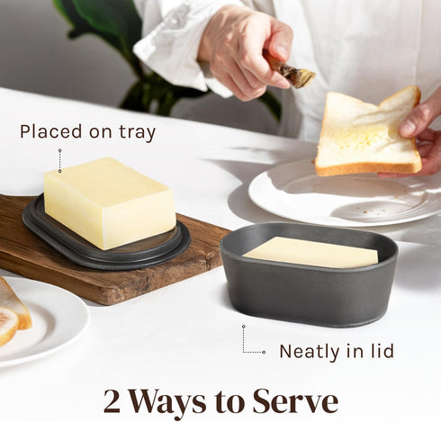 Countertop Grey Butter Dish with Lid for - Modern Plastic Dark Grey Butter Crock - Dishwasher Safe Butter Keeper