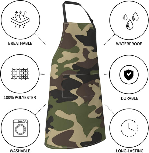 Waterproof Green Camo Apron with 2 Pockets, Amy Camouflage Kitchen Chef Bibs for Cooking, Baking, Gardening