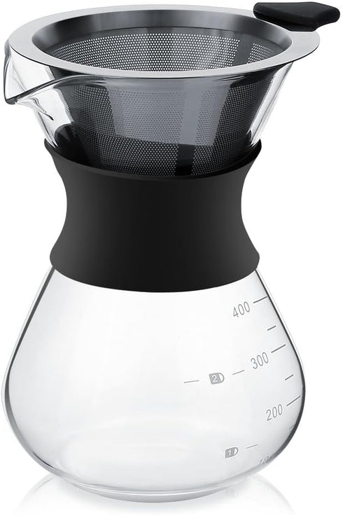Zopsc 400ml Manual Hand Drip Glass Coffee Maker Pot with Stainless Steel Filter, Tick Marks, Fine Mesh, Suitable for
