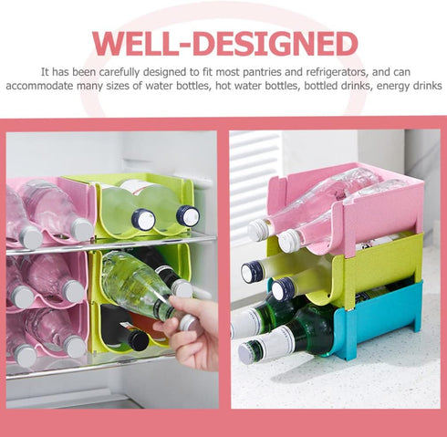 Hemoton 3pcs Refrigerator Bottle Storage Rack, Stackable Plastic Wine and Water Bottle Organizer for Pantry, Pink